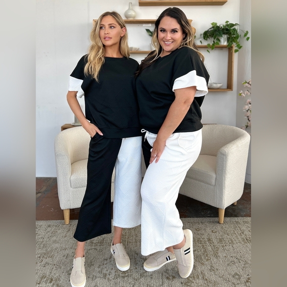 Double Take Full Size Texture Contrast T-Shirt and Wide Leg Pants Set - Picture 16 of 16